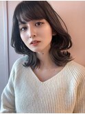 韓国風/透明感カラー/オリーブアッシュ/ぱっつん前髪/小顔カット