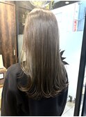 ロングショートワンカールパーマカーキグレージュ前髪錦糸町