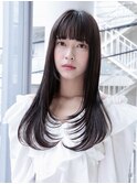 顔回りレイヤー/ぱっつん前髪/黒髪/ナチュラルロング/センター南
