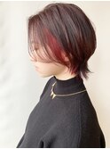 【morio原宿】ピンクレッドインナーカラー　赤髪ショートウルフ