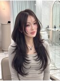 小顔 ロング レイヤーカット ハッシュカット ブルーブラック