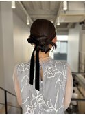 ★結婚式パーティータイト変形シニヨンリボンアレンジ