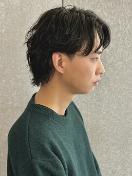 ニアウ 太田店(Niau) メンズミディアムメンズボブスパイラルパーマセンターパート眉毛