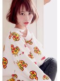 愛されボブひし形ゆるふわワンカール短め前髪ピンクベージュ30代
