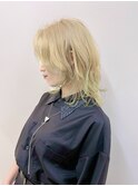 ウェーブレイヤーウルフベージュブロンド毛先ミントカラー
