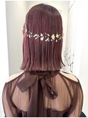 ヘアアレンジお呼ばれ結婚式ミディアムボブタイト金箔外ハネ暖色