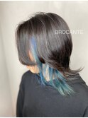 インナーカラー ブルー くすみブルー ウルフ ヘムライト 透明感