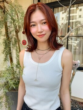 フルール(hair place Fleur) ミディアムロブ×ブリーチなしカシスオレンジカラー