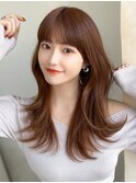 モーヴピンクベージュカラー韓国レイヤースタイル前髪カット