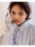 ミニボブ 毛先パーマ 黒髪 シアーグレージュ くすみベージュ