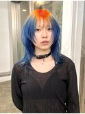 レイヤーウルフカットネオンオレンジルーツカラーブルーカラー