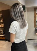 バレイヤージュ、ハイライト、レイヤーロング、グレーベージュ