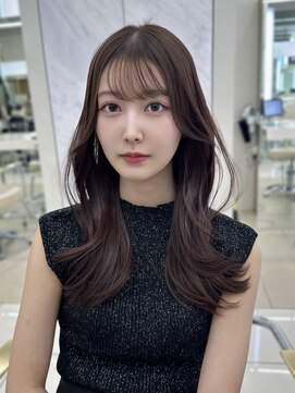 黒髪/グレーベージュ/レイヤーロング/前髪パーマ/前髪カット銀座