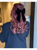 くすみローズ×リボンハーフアップ
