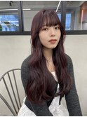 ダブルカラーチェリーレッドピンクブラウン韓国レイヤーロング