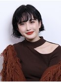 ショートボブパーマ黒髪前髪ありウェットウェーブ