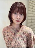 レイヤーカット　フェイスレイヤー　ワイドバング　ワインレッド