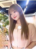 くびれヘアハイライトカラーミルクティーグレージュセミロング