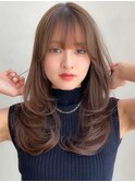 イメチェン前髪レイヤーカットピンクベージュアンブレラカラー