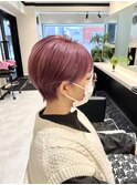 ミルクティーピンク丸みショート耳掛けショートボブお客様ヘア☆