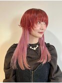 ロングウルフマッシュウルフ派手髪デザインカラーピンクオレンジ