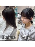 黒髪ぱっつん前髪小顔顔まわりカットサイドバング後れ毛