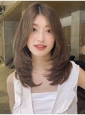 セミロング30代40代ストレートレイヤー前髪なし前髪あり【山岡】