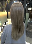 ロングショートワンカールパーマカーキグレージュ前髪錦糸町
