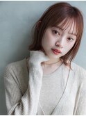 外ハネミニボブ×ミルクティーピンク×眉上バング/大人ガーリー