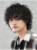 難波シャドウパーマメンズマッシュウルフカット波巻きパーマ色気