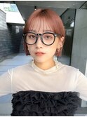 外ハネボブミニボブワイドバングピンクベージュイメチェン美髪