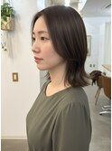 大人ミディアムレイヤー/オリーブベージュ/前髪なし/30代40代
