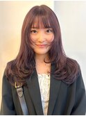 透明感カラー　ピンクアッシュ　顔周りレイヤーカット　韓国ヘア