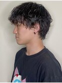束感波巻きウェーブ/前髪パーマ/アッシュブラック