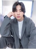 センターパートニュアンスパーマコンマバングアッシュブラック