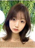 美髪カールピンクブラウン韓国レイヤーくびれミディ似合わせ前髪