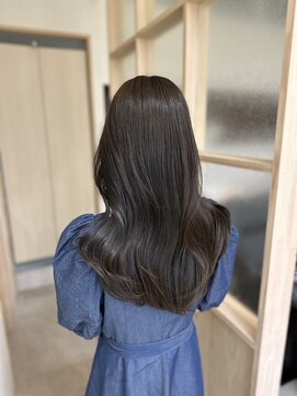 アム 表参道(am) 小顔薄めバンググレージュレイヤーロング前髪パーマ黒髪