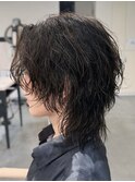 韓国へアカルマパーマワックスなしセンターパート黒髪ウルフ