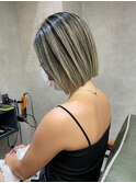 バレイヤージュ、ハイライト、レイヤーロング、グレーベージュ