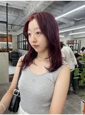 ダブルカラーチェリーレッドピンクブラウン韓国レイヤーロング