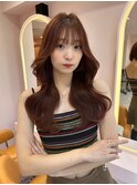 韓国ヘア/くびれヘア/前髪あり/顔まわりカット/ピンクブラウン