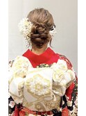 フェミニンロングウェーブミディアム着物ヘア成人式卒業式/三鷹
