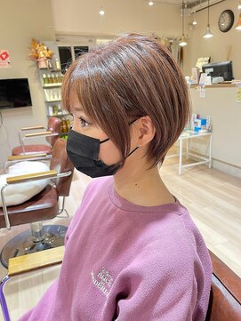 ハピエル ヘアークルー(HAPPYEL hair crew) 20代30代大人可愛い小顔ショートボブ前下がりピンクベージュ