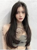 韓国ヘアハッシュカットロングレイヤーカットグレージュ前髪原宿