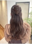 ゆるふわリボンハーフアップシニヨンカチモリパールお呼ばれヘア