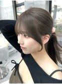 美髪オリーブグレージュ韓国レイヤーロングセミディ顔周り前髪