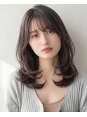 夏カラーミディアム顔周りレイヤー暗めブリーチなしカラー