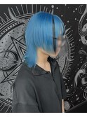 水色カラー×シールエクステメッシュ／ウルフカット
