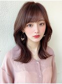 ミニウルフ前髪パーマ韓国くびれミディアムチェリーブラウン