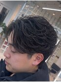 渋谷フェザーパーマメンズマッシュウルフセンターパートカット